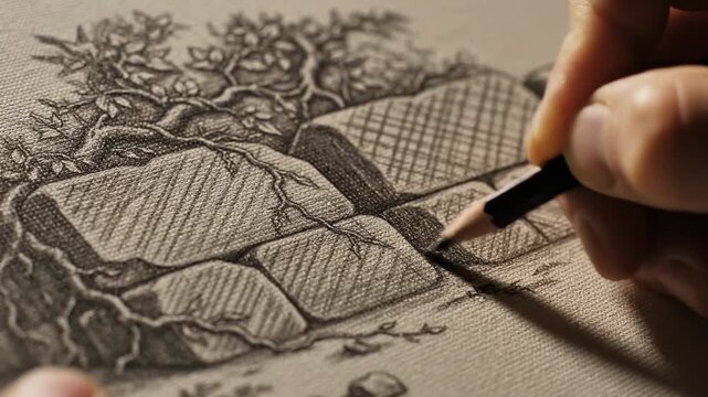 Extremely close-up view of intricate pencil cross-hatching detailing the rough stone texture of an ancient overgrown pyramid structure on canvas hidden, rough, intricate