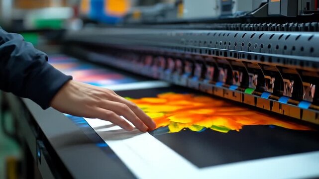 Close-up of hand touching freshly printed colorful abstract design on wide format printer