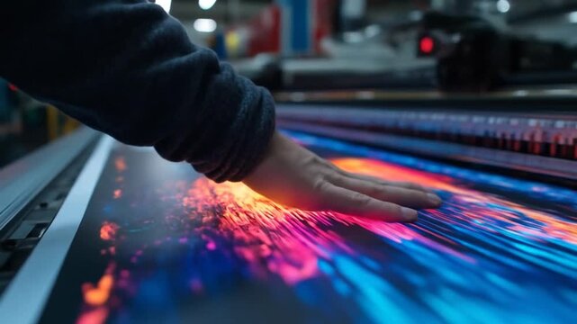 Person's hand gently touching a freshly printed, vibrant abstract artwork on a large printer