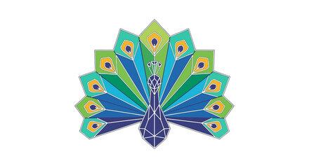 Stylized geometric peacock illustration with vibrant colors and intricate feather design for