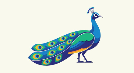 Stylized illustration of a colorful peacock with vibrant feather details suitable for nature art