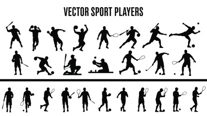 Comprehensive collection of professional black sports player silhouettes including tennis, baseball, and cricket athletes in various active motion poses.