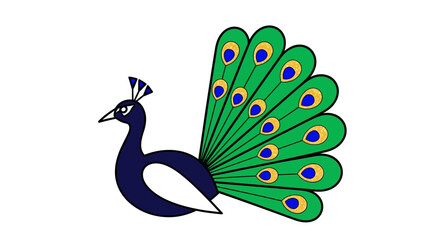 Stylized illustration of a colorful peacock with vibrant tail feathers and elegant feathers on head