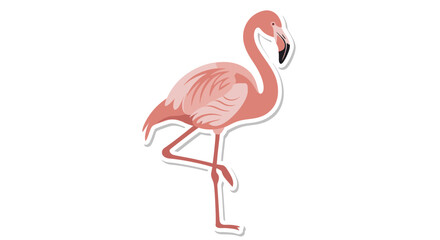 Stylized illustration of a pink flamingo standing on one leg with a playful expression