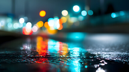 City street after rain shows colorful reflections and blurred lights at night