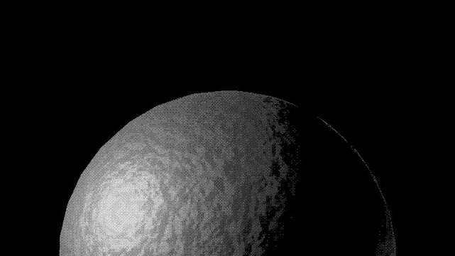 Abstract planet in space black and white pixel art animation. The camera pulls in from a wide shot to a surface close-up, creating a dynamic landing sequence. Features a dithering effect for a retro Y