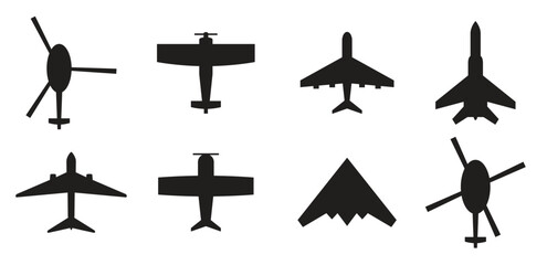 set of isolated black icons on a theme planes and helicopters © Faiz