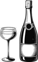 Elegant vintage style drawing of a sparkling wine bottle and a filled stemmed glass