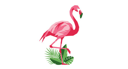 Stylized pink flamingo standing on one leg amidst tropical green foliage on a white background