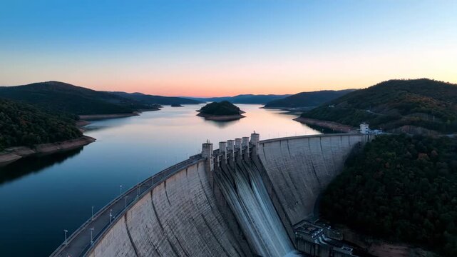 Striking aerial view of a concrete dam at dusk, reflecting sky, surrounded by green hills and water, perfect for scenic travel or engineering themes.