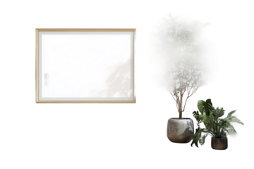 tall picture frame next to potted floor plant isolated on transparent background