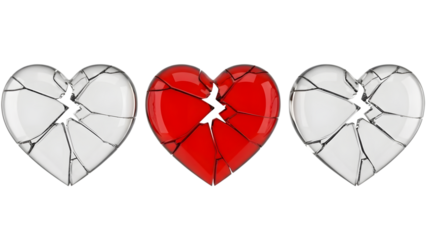 Three heart shapes with cracks, one red and two silver, symbolizing broken love or relationships isolated on a transparent background