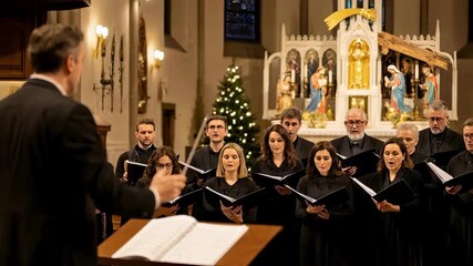 Male conductor directs a diverse choir during a Christmas concert in a church with a nativity scene
