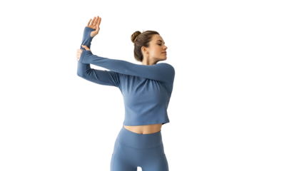 A woman in blue athletic wear stretching on transparent background