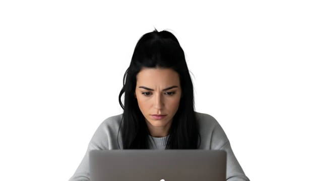 A woman intensely focused on her laptop screen in a dark setting on transparent background - Powered by Adobe