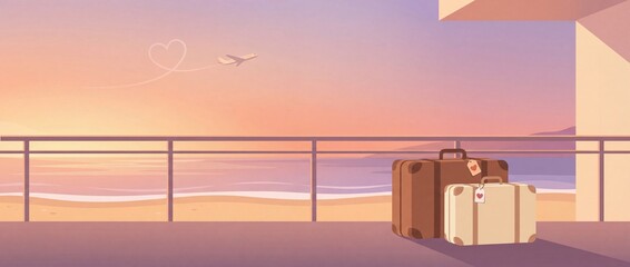 Cinematic sunset beach view with suitcases and an airplane drawing a heart shape, symbolizing romantic travel, honeymoon, and peaceful vacations