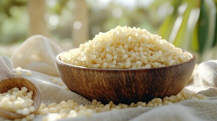 Light beige grains in wooden bowl