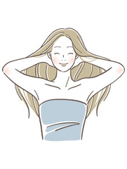 笑顔で髪をかきあげる女性