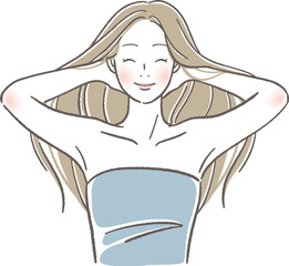 笑顔で髪をかきあげる女性