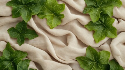Light beige fabric draped with vibrant green leaves