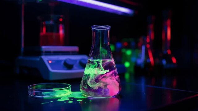 Laboratory Flask with Pipette During Chemistry Experiment in Neon Lighting