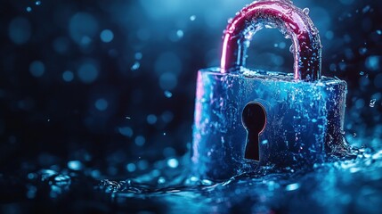 Locked padlock in water, vibrant colors
