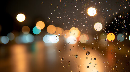 Rain drops on a window create blurry lights during a night in the city