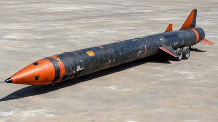 Long, dark missile on a trailer