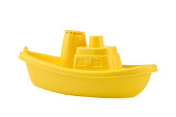 Vibrant yellow toy boat on transparent background