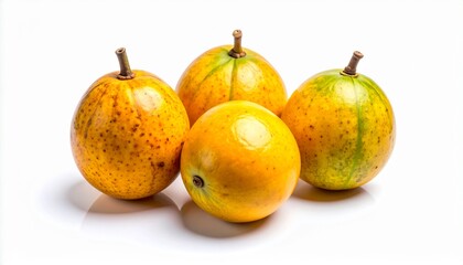 Four ripe achachairu fruits on a plain white background. Suitable for food blogs, healthy living articles, fruitrelated designs, and recipe websites.