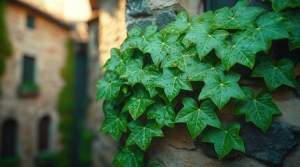 Lush green ivy clinging to a stone wall, with blurred historic buildings in the background