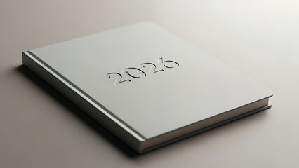 Sleek embossed twenty twenty six year number on minimalist book cover lying on grey neutral background