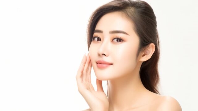 Female beauty portrait. Beautiful diverse asian brunette woman posing, smiling, Touching her face with natural, healthy skin. Wellness and skincare concept.

