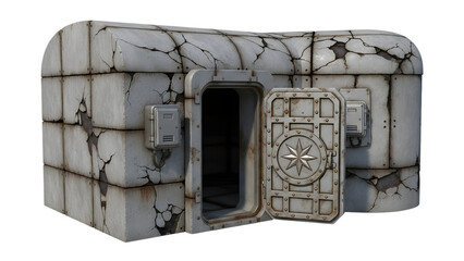 Weathered concrete safe with star emblem and open compartment isolated on a transparent background cracked
