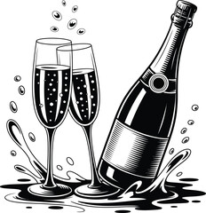 Elegant celebration champagne bottle and two sparkling flutes with dynamic splash