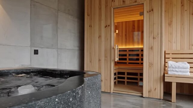 Luxurious wellness retreat featuring a modern wooden sauna and a refreshing cold plunge tub, designed for ultimate relaxation and rejuvenation