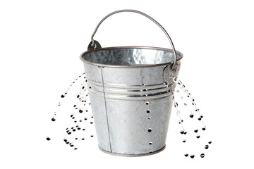 Leaking metal bucket with water pouring out