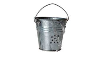 Rustic metal bucket with handle on transparent background