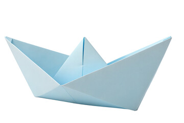 Origami boat made of light blue paper on transparent background