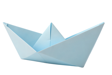 Origami boat made of light blue paper on transparent background