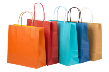 Vibrant shopping bags in various colors on transparent background