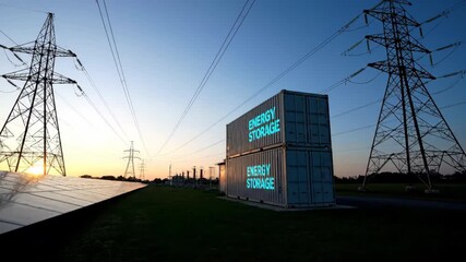 A stacked energy storage unit paired with solar panels stands against a twilight sky, near transmission towers. An energy-efficient, sustainable power solution. - Powered by Adobe