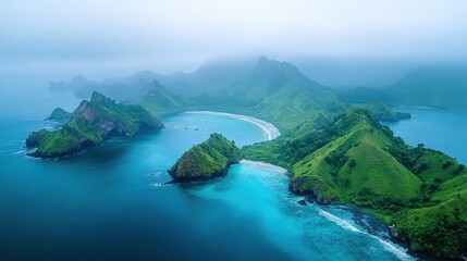 Lush, misty islands, turquoise water, aerial view