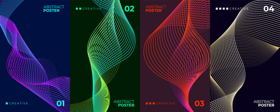 Abstract Gradient Thin Wavy Lines Posters Set. Futuristic backgrounds with vibrant line patterns for creative graphic design. Vector illustration.	