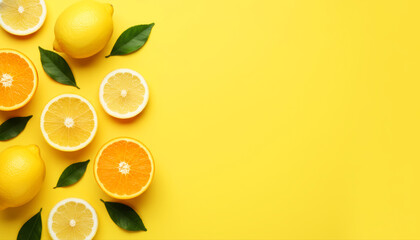 Sliced lemons and oranges with green leaves on bright yellow background. Fresh citrus fruits flat lay with copy space for summer drinks or healthy food concepts.