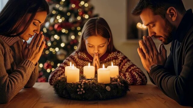 Family praying with an advent wreath and twinkling Christmas tree lights in a solemn evening during the holiday season.