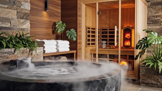 Luxurious spa retreat with a steaming hot tub and a traditional wooden sauna for ultimate relaxation and wellness