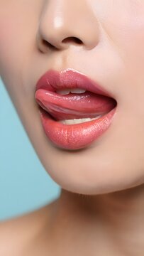 Woman's lips with shiny pink lip gloss on blue background