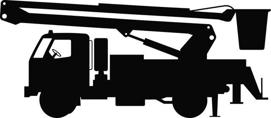 Silhouette of bucket truck vehicle with hydraulic lift, utility maintenance truck illustration, construction service equipment, industrial work transportation design © MdHasan