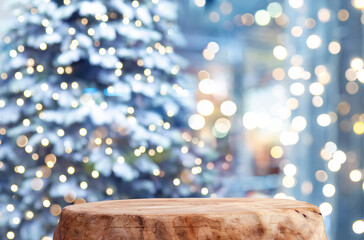 Wooden podium for product display in front of deeply blurred festive fir tree and Christmas holiday lights background